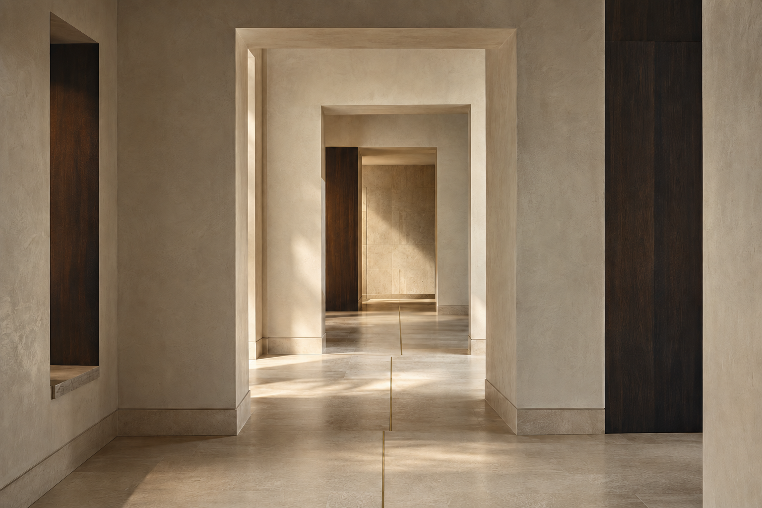 A quiet architectural corridor whose interrupted brass axis suggests an underlying loss of coherence.