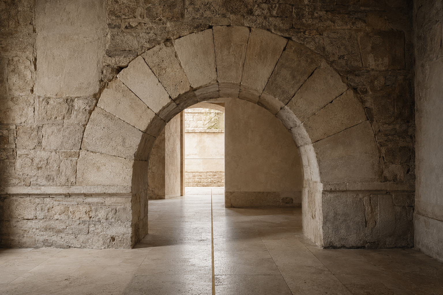 A weathered stone arch whose distinct elements form a structure capable of bearing weight.